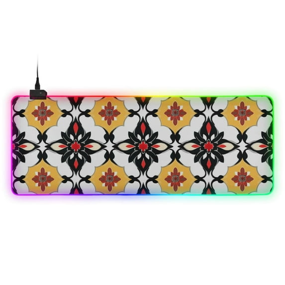 Illustration Of Geometric Shapes and Flowers RGB Gaming Mouse Pad Large Keyboard Mat Rubber Base 13 Light Modes
