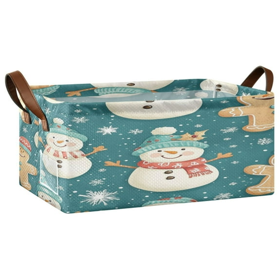Illustration Of Snowmen and Gingerbread Cookies Storage Basket Soccer Plaid Fabric Hoard Box Oversized Collapsible Closet Organizer with Metal Iron Frame 16.9×11.4×7.7in