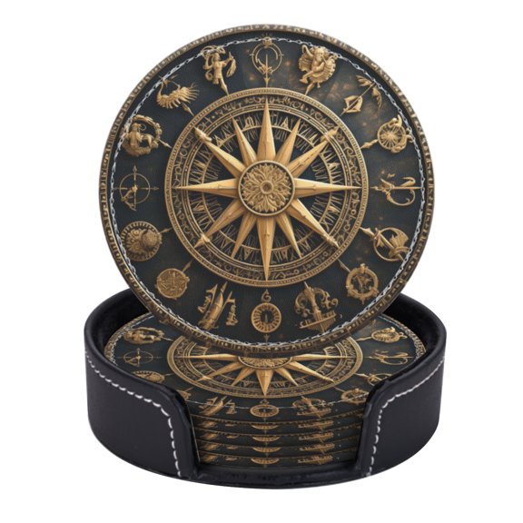 PU Leather Coasters for Drinks Bar Beer,Set of 6 with Holder,Round Housewarming Gift,Illustration Of The Zodiac Signs On Ancient Compass