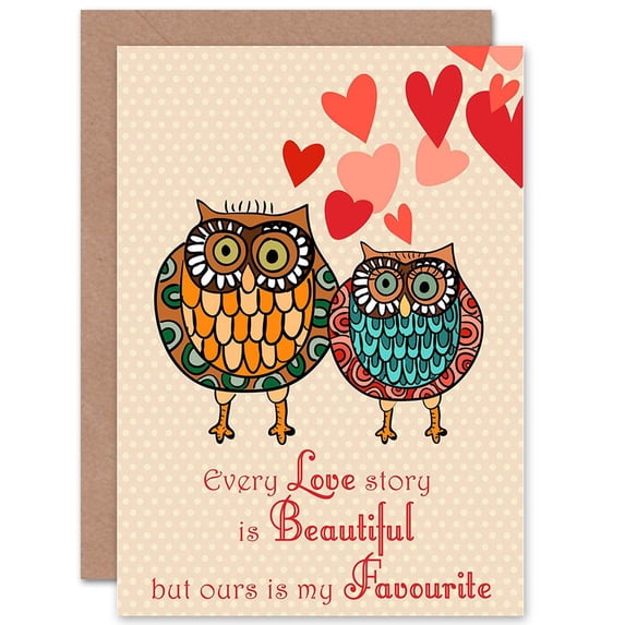 Illustration Owls Romance Love Story Favourite Quote Greetings Card Plus Envelope Blank inside