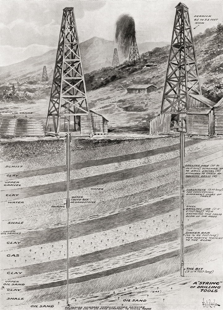 Illustration Showing Oil Derricks Boring For Oil In England In 1919 From The Year 1919 Illustrated Canvas Art - Ken Welsh Design Pics (13 x 18)