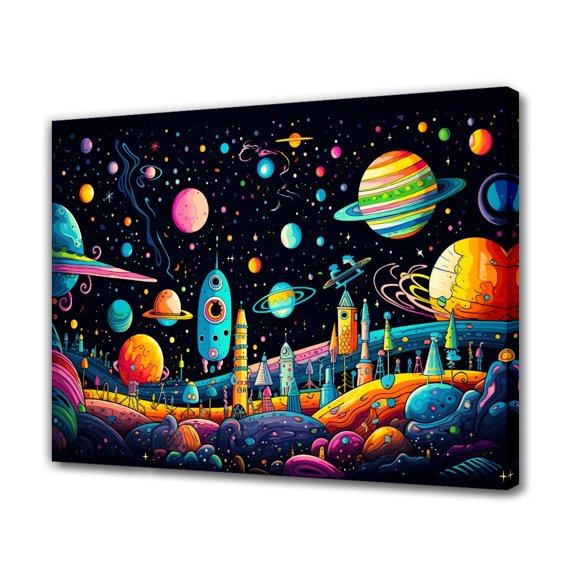Illustration Of A Space Scene With Planets Asteroids And Spaceships Canvas Poster Bedroom Decor Sports Landscape Office Room Decor Gift,Frame-style,24x36inch(60x90cm)