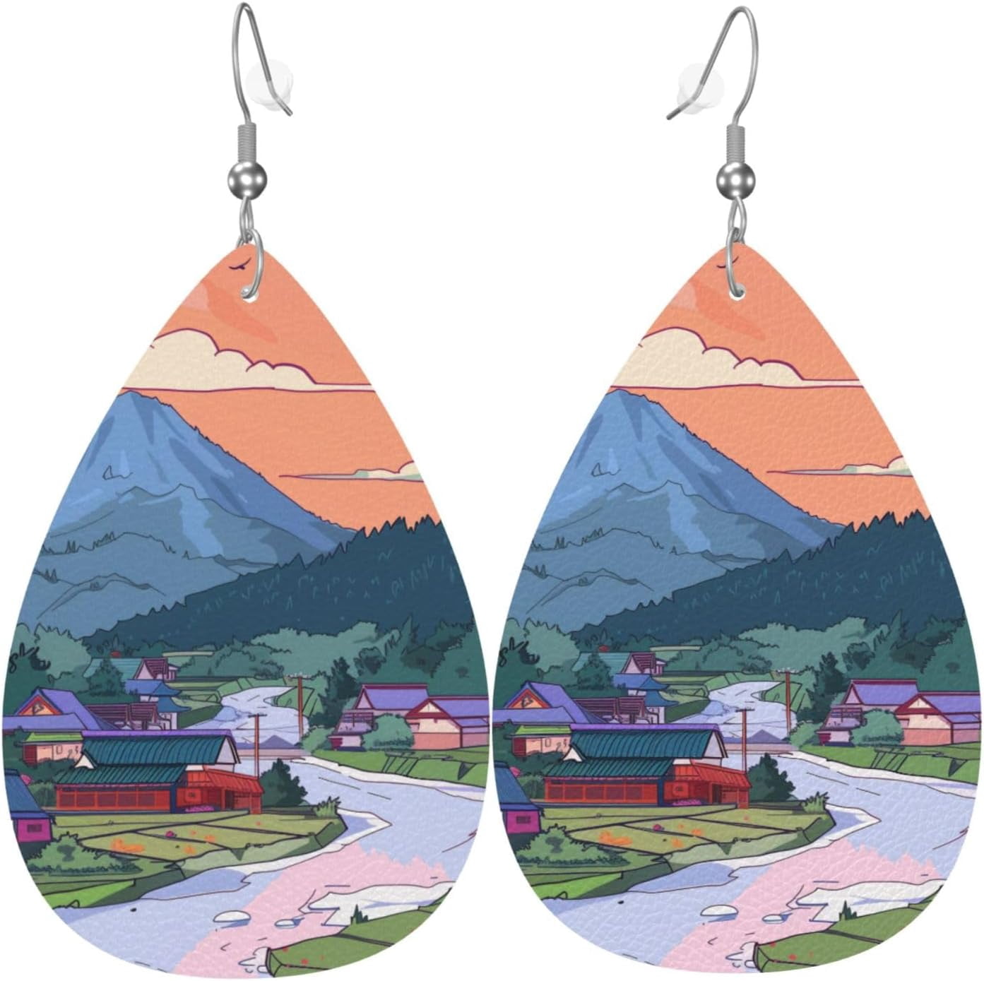 Illustration Sunset Best Earrings for Women PU Leather Dangle Earrings, lightweight comfortable Leather Teardrop Dangly Ear Pendants Jewelry Gift[x754]
