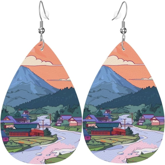 Illustration Sunset Best Earrings for Women PU Leather Dangle Earrings, lightweight comfortable Leather Teardrop Dangly Ear Pendants Jewelry Gift[x754]
