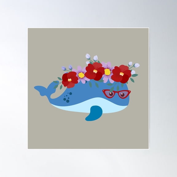 Illustration With Whale At Flowers Decoration Poster Wall Art, Modern Wall Decor For Living Room Bedroom, 16X16 UNFRAMED