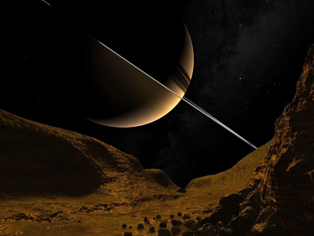 Illustration of Saturn from the icy surface of Enceladus Canvas Art - Walter MyersStocktrek Images (17 x 13)