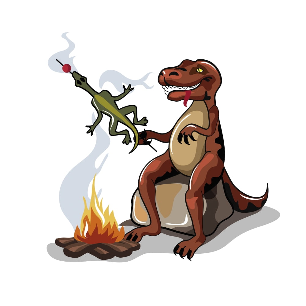 Illustration of a Tyrannosaurus Rex cooking food over a campfire Canvas Art - Stocktrek Images (28 x 28)