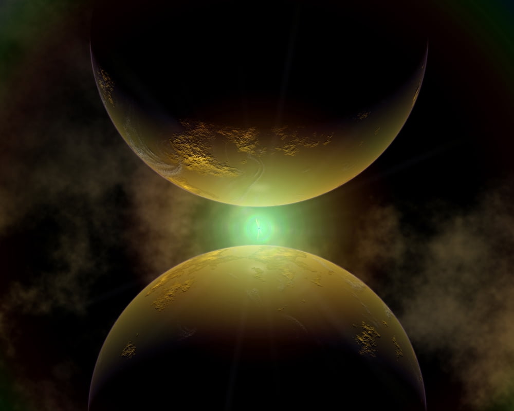 Illustration of a double sunrise on twin worlds Canvas Art - Mark StevensonStocktrek Images (32 x 26)