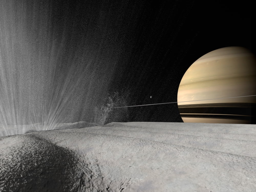 Illustration of a geyser erupting on the surface of Enceladus Canvas Art - Walter MyersStocktrek Images (17 x 13)