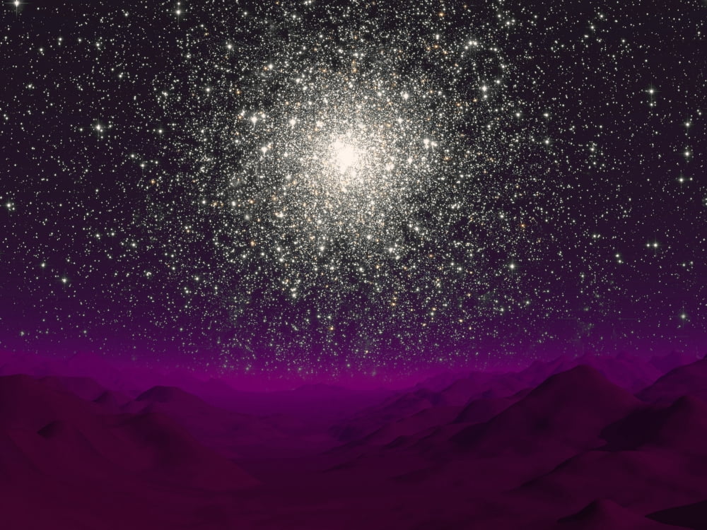 Illustration of a globular cluster over the terrain of a barren planet Canvas Art - Walter MyersStocktrek Images (17 x 13)
