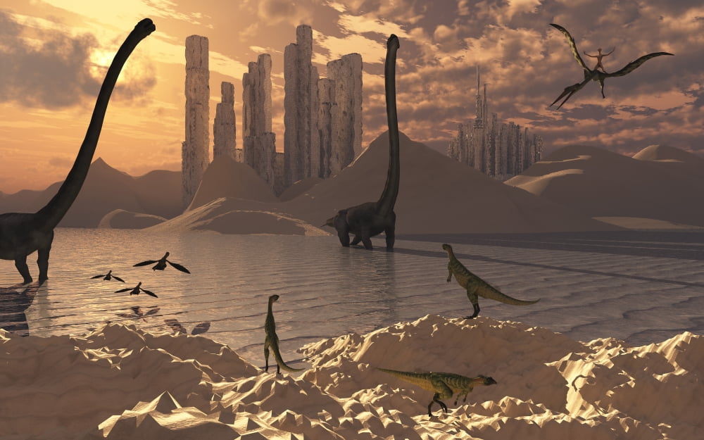 Illustration of an alternate reality where reptoid beings co-existed with the dinosaurs Canvas Art - Mark StevensonStocktrek Images (36 x 23)