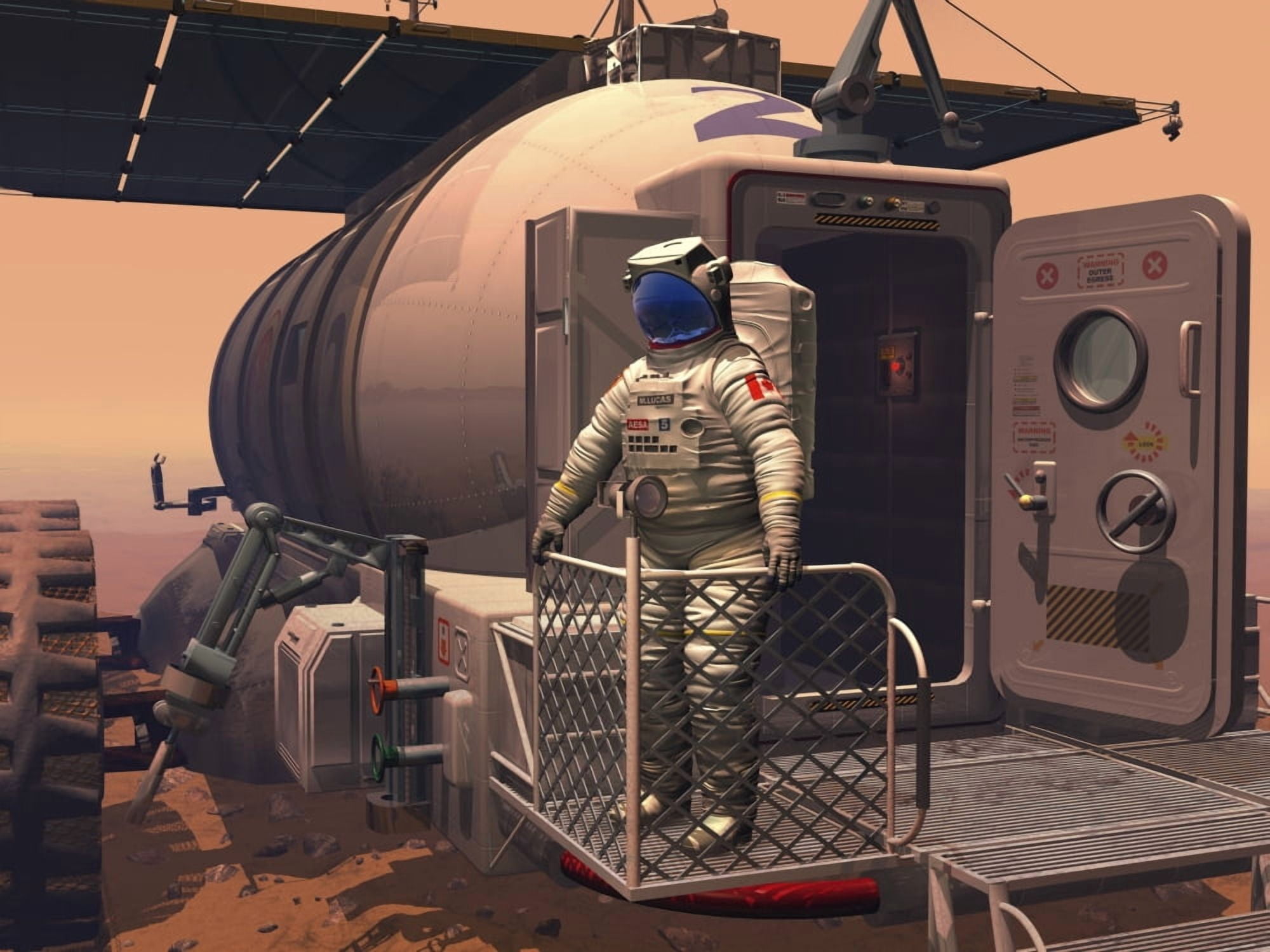 Illustration of an astronaut leaving their Mars rover vehicle to explore the planets surface Canvas Art - Walter MyersStocktrek Images (17 x 13)