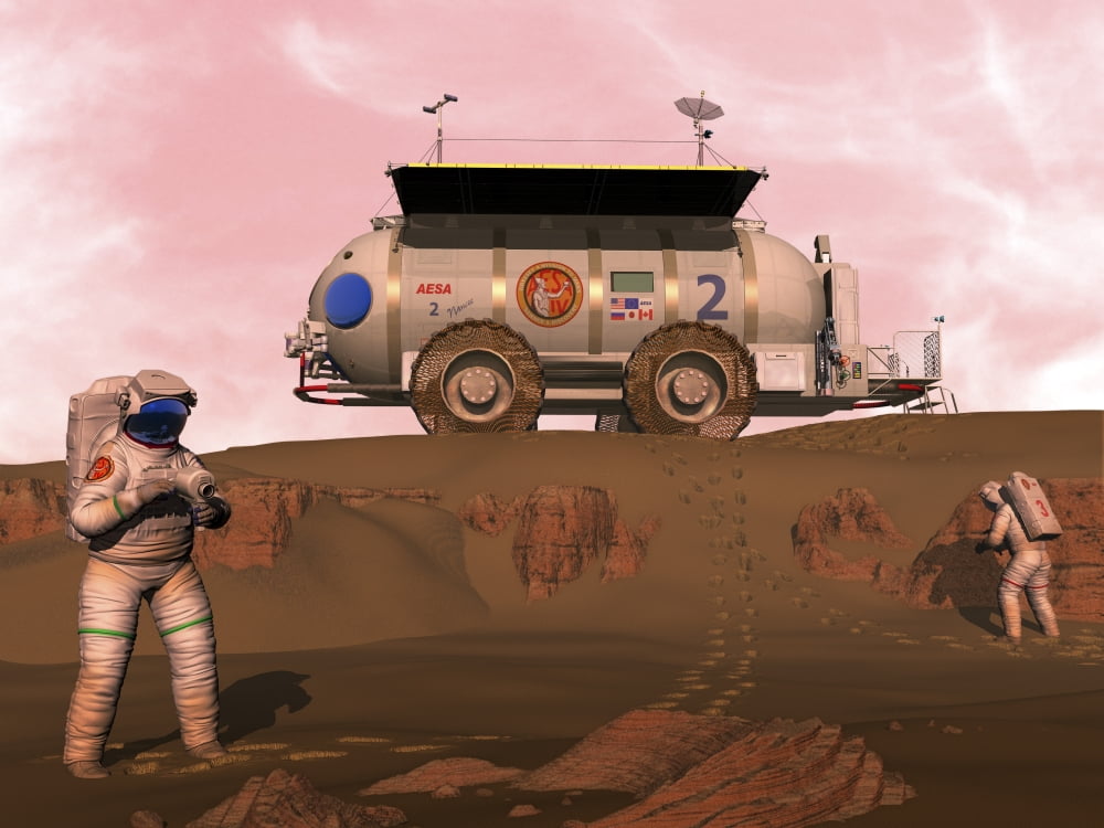 Illustration of astronauts examining an outcrop of sedimentary rock on a Martian dune field Canvas Art - Walter MyersStocktrek Images (17 x 13)