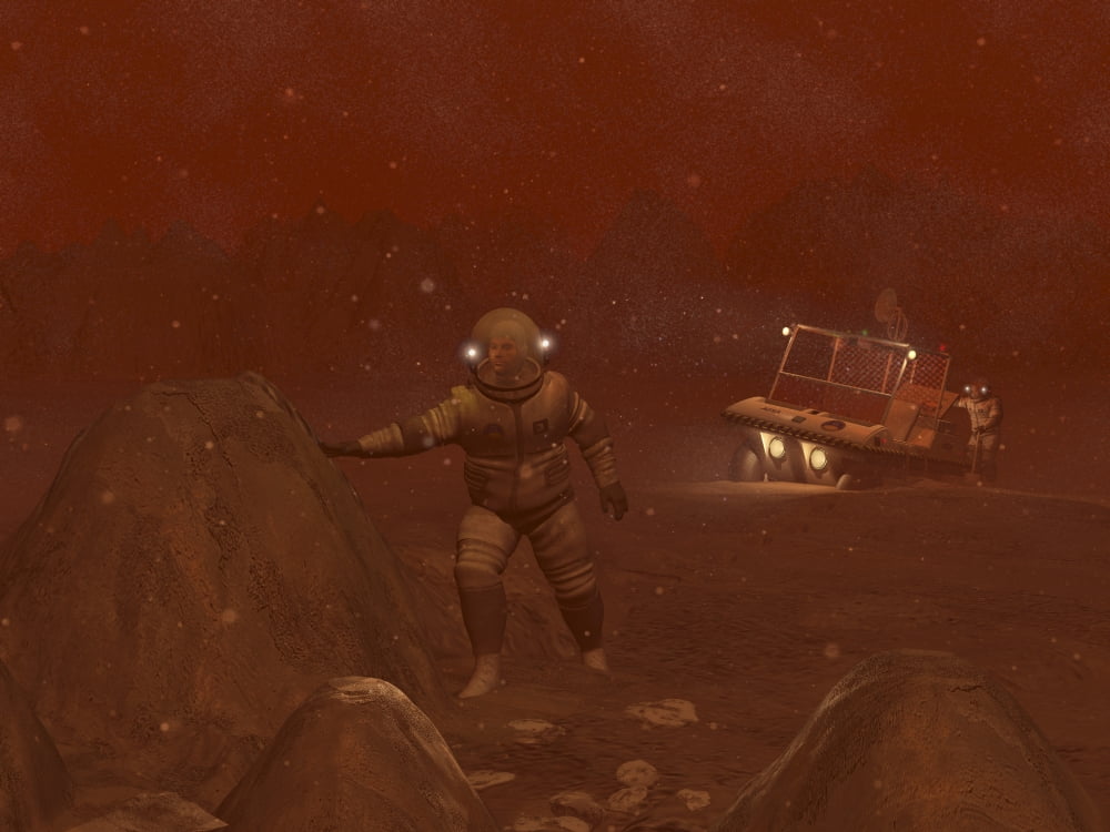 Illustration of astronauts exploring the surface of Saturns moon Titan during a blizzard Canvas Art - Walter MyersStocktrek Images (33 x 25)
