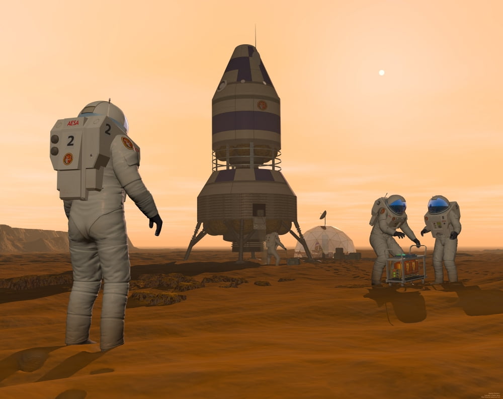 Illustration of astronauts setting up a base on the Martian surface around their lander vehicle Canvas Art - Walter MyersStocktrek Images (16 x 13)