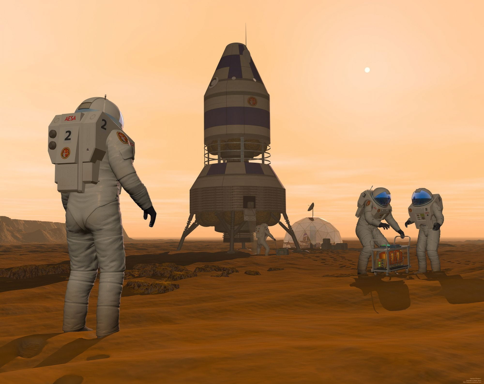 Illustration of astronauts setting up a base on the Martian surface around their lander vehicle Canvas Art - Walter MyersStocktrek Images (32 x 25)