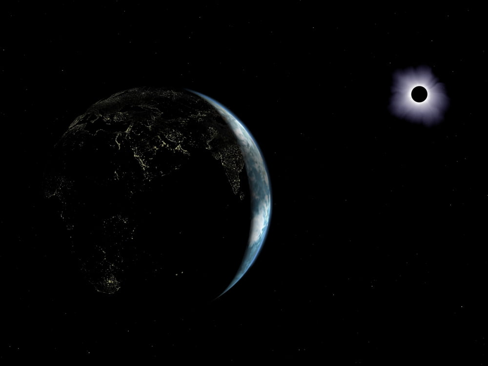 Illustration of the city lights on a dark Earth during a solar eclipse Canvas Art - Walter MyersStocktrek Images (17 x 13)
