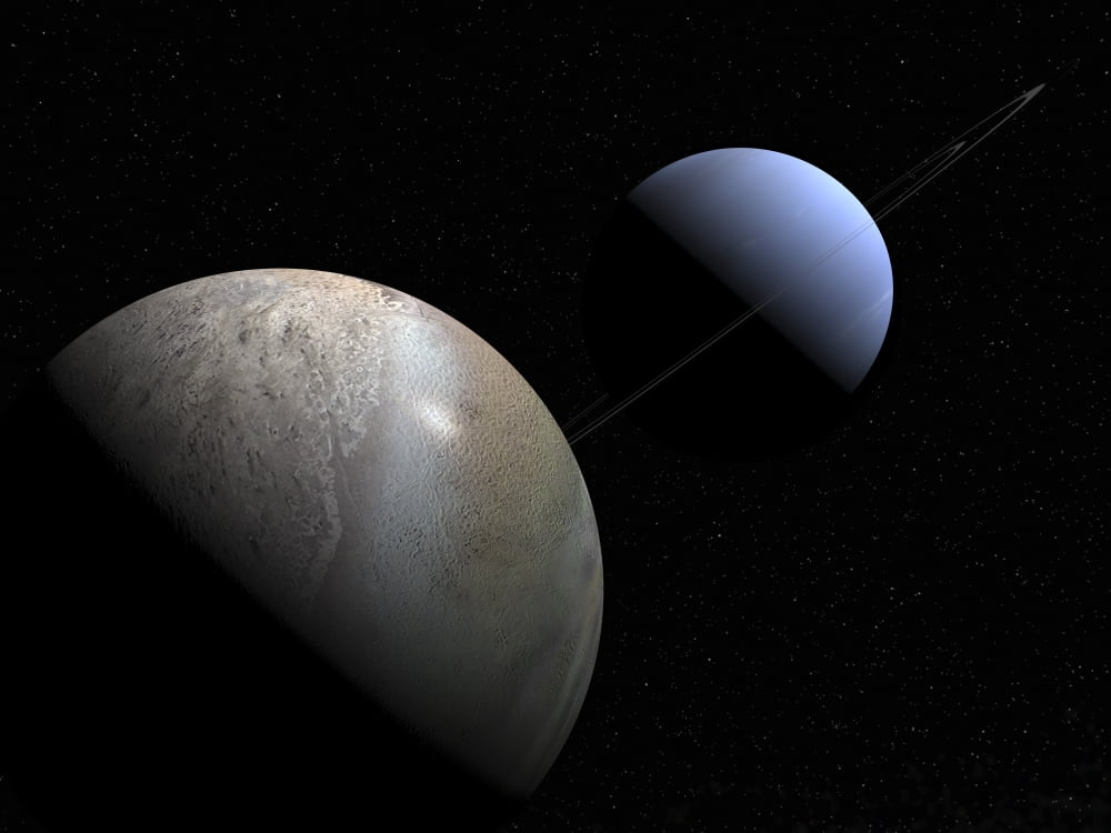 Illustration of the gas giant planet Neptune and its largest moon Triton Canvas Art - Walter MyersStocktrek Images (17 x 13)