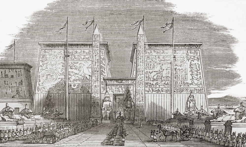 Illustration suggesting how the Propylon or Gate of the Temple of Luxor Egypt would have looked in its day From The Imperial Bible Dictionary published 1889 Canvas Art - Ken Welsh Design Pics (34 x 2