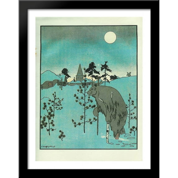 Illustration to 'The crane and heron. Bear.' 28x36 Large Black Wood Framed Print Art by Heorhiy Narbut