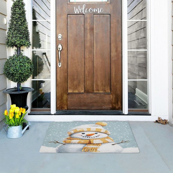 Illustrations Of Snowman Wearing A White and Yellow Scarf Highly Absorbent Polyester Doormat Anti-slip Anti-fouling Indoor Outdoor Entrance Welcome Mat 32×20in.