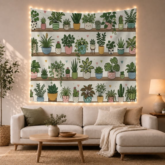Illustrative Horizontal with Wooden Shelves Densely, Nostalgic Vintage for Botanical Art Lovers, Wall Decor, Valentine'S Day Gift, Tapestry Wall Hanging for Dorm and Living Room