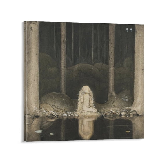 Illustrator John Bauer Gazing Down Into The Dark Waters of The Forest Tarn Art Poster Posters Wall Art Painting Canvas Gift Living Room Prints Bedroom Decor Poster Artworks 28x28inch(70x70cm)