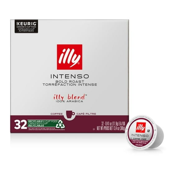 Illy Coffee K Cups - Pods For Keurig Machines Intenso Dark Roast Notes of Cocoa & Dried Fruit - Bold, Flavorful & Full-Bodied Flavor - No Preservatives 32 Count
