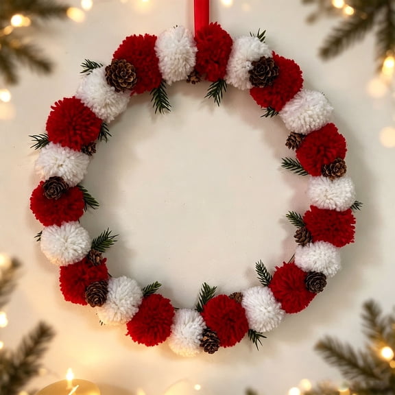Ilmart 13.4-Inch Christmas Yarn Ball Wreath, Red White Pom Pom with Cones Green Branches, Front Door Hanging for Window Porch Holiday Decor