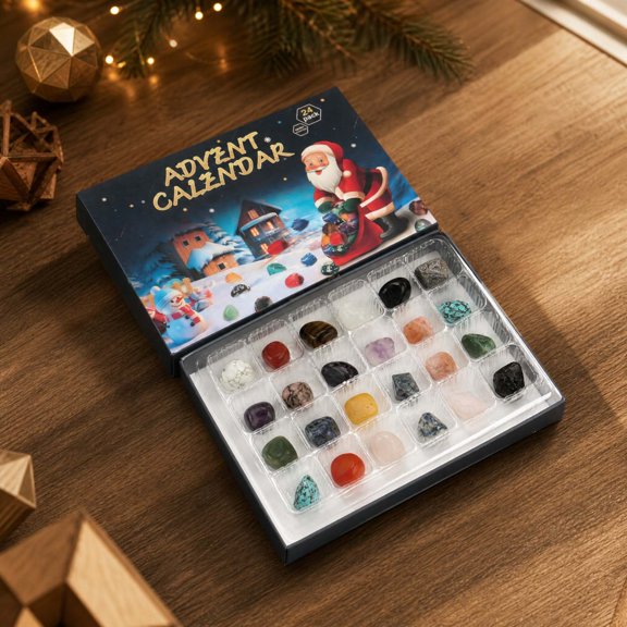 Ilmart 24 Days Christmas Crystal Advent Calendar, Natural Rocks Minerals Countdown Box, Kids Geology Learning Holiday Gift, 8.5x5.7x1.2-Inch