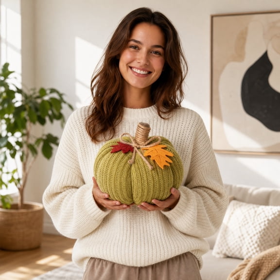 Ilmart Handmade Knitted Pumpkin Decor, Soft Fabric Fall Ornament with Maple Leaf, 7.1-Inch Tabletop Display for Thanksgiving Halloween Home