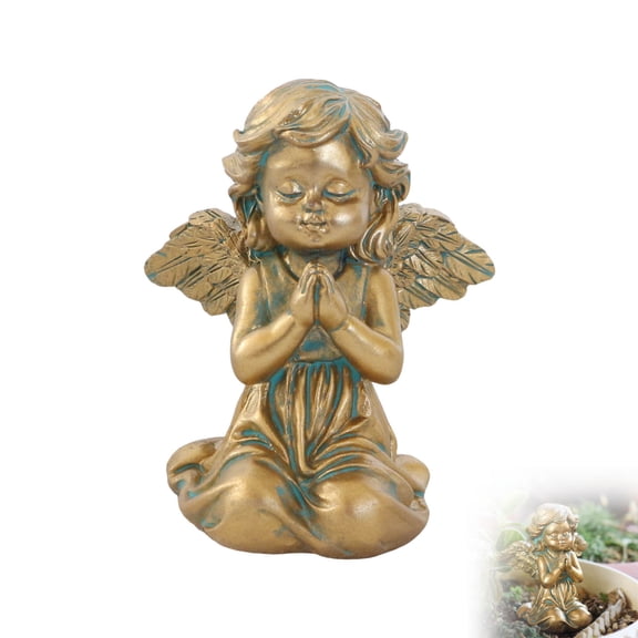 Ilmart Vintage Gold Praying Cherub Resin Figurine, Hand-Painted Angel Statue, 3.1x2.6x2.2-Inch, Tabletop Ornament for Home Shelf Garden Office Desk