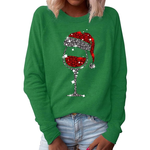 Ilomwu Womens Tops Blouses O Neck Christmas Print Sweater Long Sleeve Womens Workout Tops,Green,M