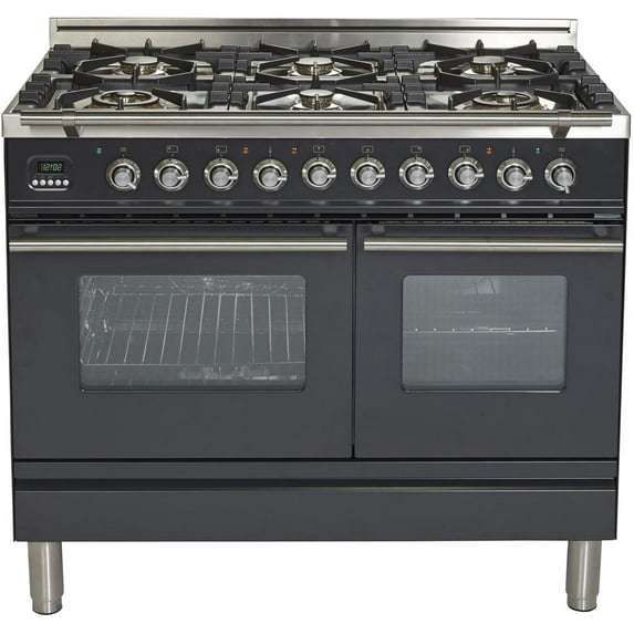 Ilve UPDW1006DMPM Pro Series 40 Inch Dual Fuel Convection Freestanding Range, 6 Sealed Burners, Double Ovens, 3.88 cu. ft. Total Oven Capacity in Glossy Black (Natural Gas)