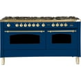 thumbnail image 1 of Ilve UPN150FDMPBL Nostalgie Series 60 Inch Dual Fuel Convection Freestanding Range, 8 Sealed Brass Burners, 5.99 cu. ft. Total Oven Capacity in Blue, Brass Trim (Natural Gas), 1 of 3