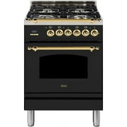 Ilve UPN60DMPN Nostalgie Series 24 Inch Dual Fuel Convection Freestanding Range, 4 Sealed Brass Burners, 2.44 cu. ft. Total Oven Capacity in Glossy Black, Brass Trim (Natural Gas)