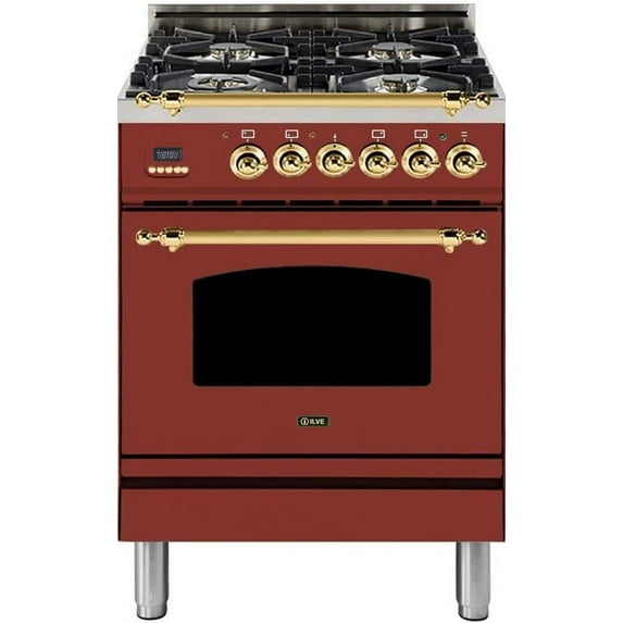 Ilve UPN60DMPRB Nostalgie Series 24 Inch Dual Fuel Convection Freestanding Range, 4 Sealed Brass Burners, 2.44 cu. ft. Total Oven Capacity in Burgundy, Brass Trim (Natural Gas)