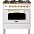 thumbnail image 1 of Ilve UPN76DMPBLP Nostalgie Series 30 Inch Dual Fuel Convection Freestanding Range, 5 Sealed Brass Burners, 3 cu.ft. Total Oven Capacity in White, Brass Trim (Liquid Propane), 1 of 3