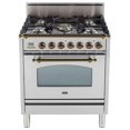 thumbnail image 1 of Ilve UPN76DVGGIY Nostalgie Series 30 Inch Gas Convection Freestanding Range, 5 Sealed Brass Burners, 3 cu.ft. Total Oven Capacity in Stainless Steel, Bronze Trim (Natural Gas), 1 of 7