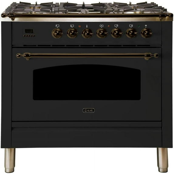 Ilve UPN90FDMPMY Nostalgie Series 36 Inch Dual Fuel Convection Freestanding Range, 5 Sealed Burners, 3.55 cu.ft. Total Oven Capacity, Matte Graphite - Bronze Trim, Natural Gas