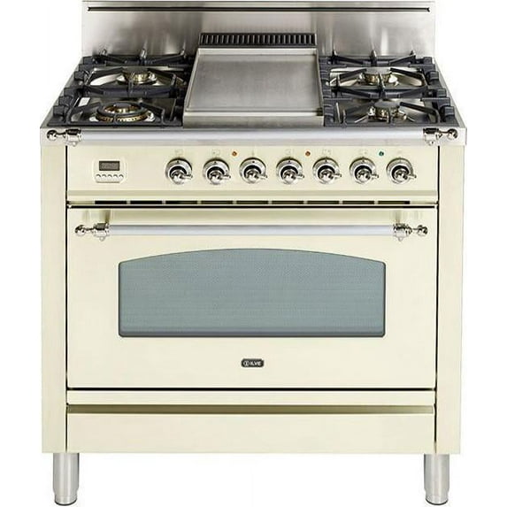 Ilve UPN90FDVGGAX Nostalgie Series 36 Inch Gas Convection Freestanding Range, 4 Sealed Burners, 3.5 cu.ft. Total Oven Capacity in Antique White, Chrome Trim (Natural Gas)