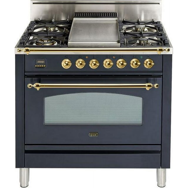 Ilve UPN90FDVGGMLP Nostalgie Series 36 Inch Gas Convection Freestanding Range, 4 Sealed Burners, 3.5 cu.ft. Total Oven Capacity in Matte Graphite, Brass Trim (Liquid Propane)