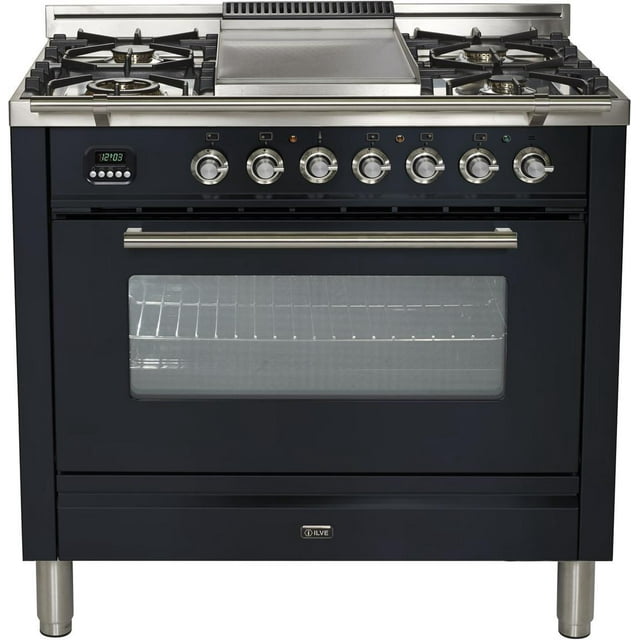 Ilve UPW90FDMPM Pro Series 36 Inch Dual Fuel Convection Freestanding Range, 4 Sealed Brass Burners, 3.55 cu.ft. Total Oven Capacity in Matte Graphite (Natural Gas)
