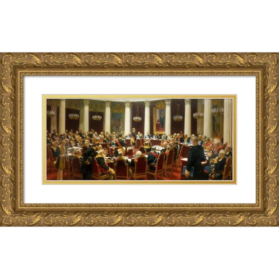 Ilya Efimovich Repin 18x10 Gold Ornate Wood Frame and Double Matted Museum Art Print Titled - Ceremonial Sitting of the State Council on 7 May 1901 Marking the Centenary of its Foundation