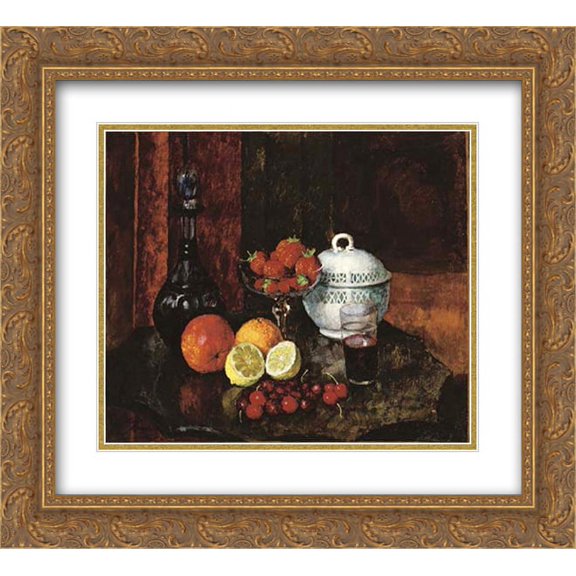 Ilya Mashkov 2x Matted 24x20 Gold Ornate Framed Art Print 'Still life with strawberries. Cherry and blue pitcher'
