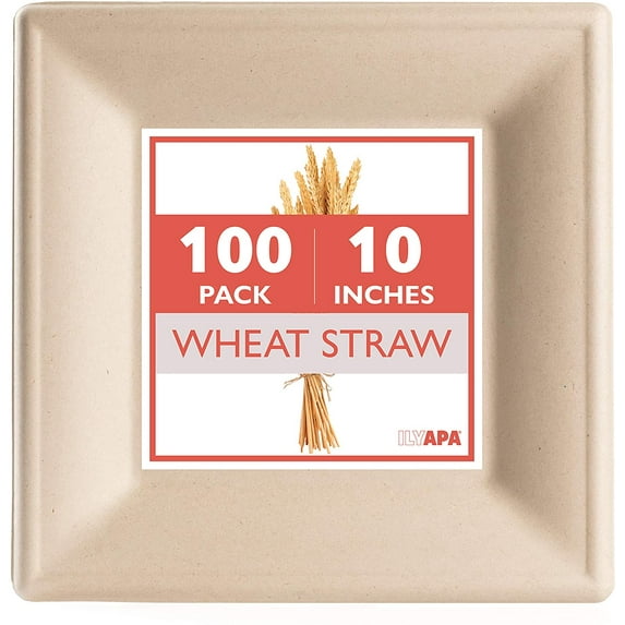 Ilyapa 100 Biodegradable Disposable Dinner Plates - 10 inch Square Compostable & Microwavable Wheat Straw, Tree Free Plates, Bulk Set