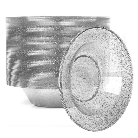 Ilyapa 100 Pack 12 ounce Silver Plastic Bowls, 12 oz Heavy Duty Disposable Plastic Bowls, 12oz Salad, Soup and Dessert Bowl, Wedding, Party Brunch, Silver Glitter