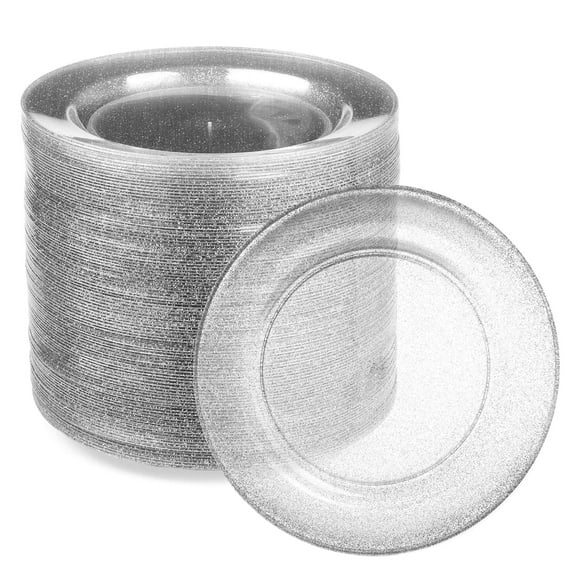 Ilyapa 100 Pack 6 Inch Disposable Dessert Plates, Plastic Clear Party Sets for 100 Guests, Clear Appetizer and Cake plates 6", Party & Dinner Accessories, Silver Glitter