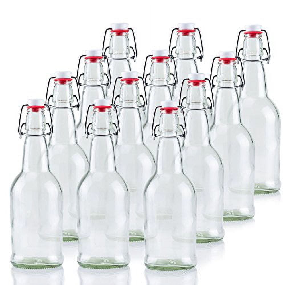 Ilyapa 16oz Clear Glass Beer Bottles for Home Brewing - 12 Pack with Airtight Rubber Seal Flip Caps