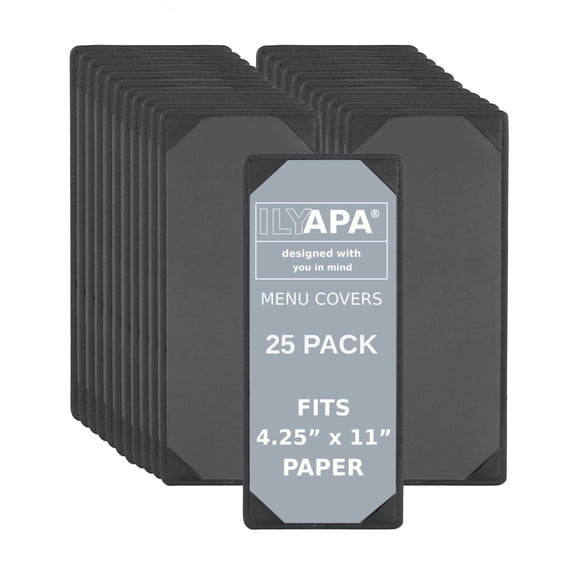 Ilyapa 25 Pack Restaurant Menu Covers 4.25 x 11 - Vinyl Leather Menu Holder, Single Sided Book with Corner Sleeves for Display of Wedding Menus, Weekly Kitchen Specials & Bar Drinks for Table Top